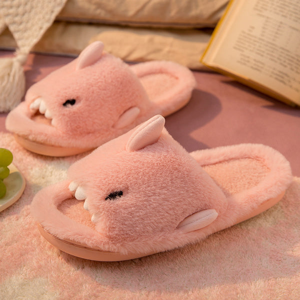 Close-up of the fluffy pink shark slipper
